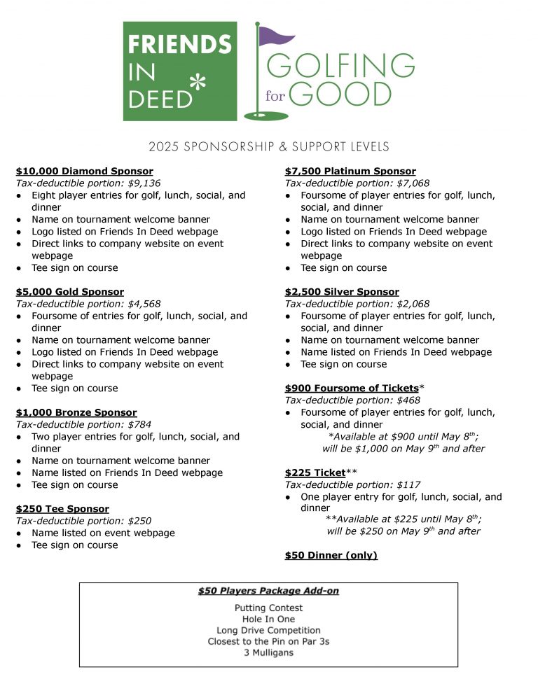 List of Sponsorship Opportunities for the 2025 Golf for Good Tournament